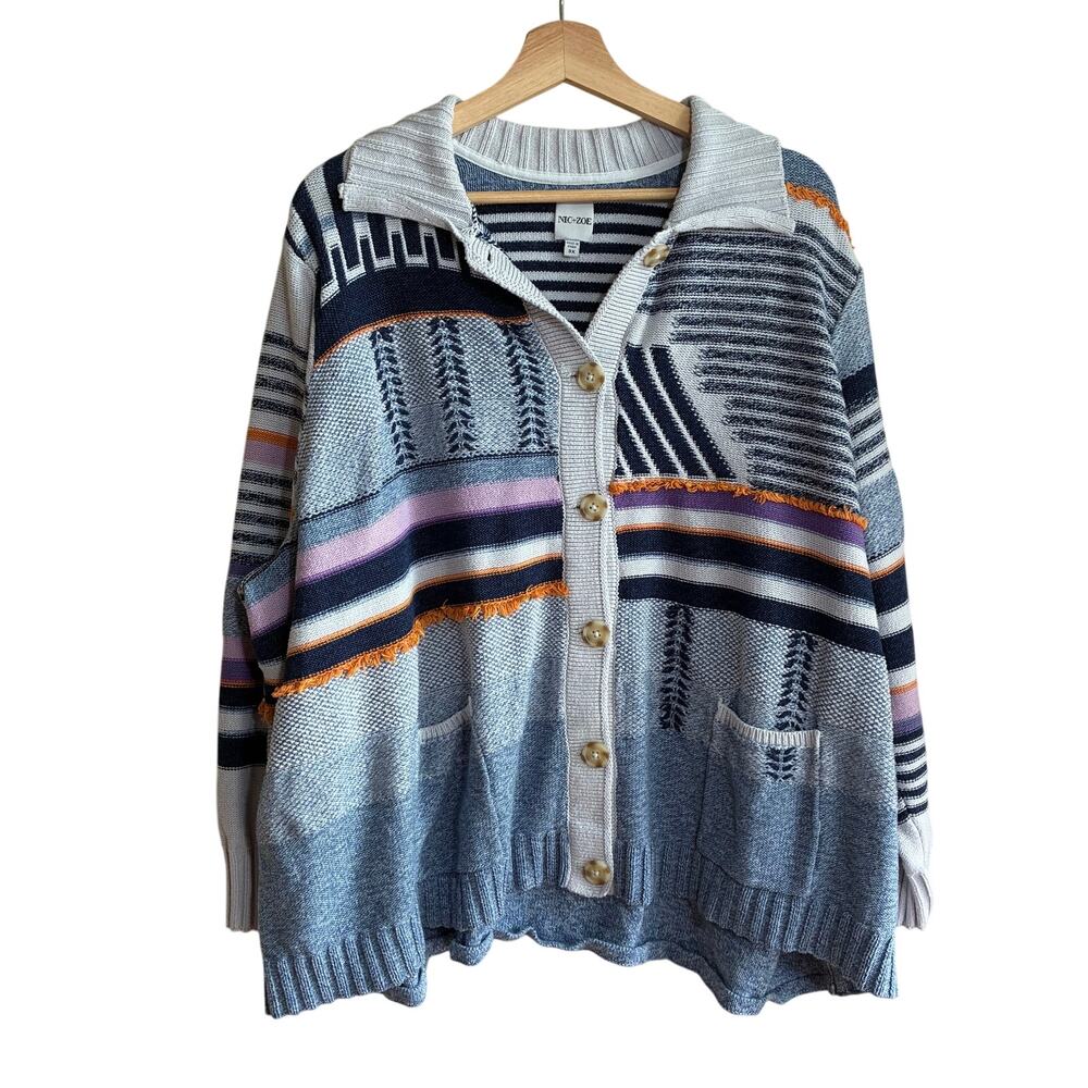 Nic + Zoe striped colorful button knit cardigan sweater women's 3X‎ navy white